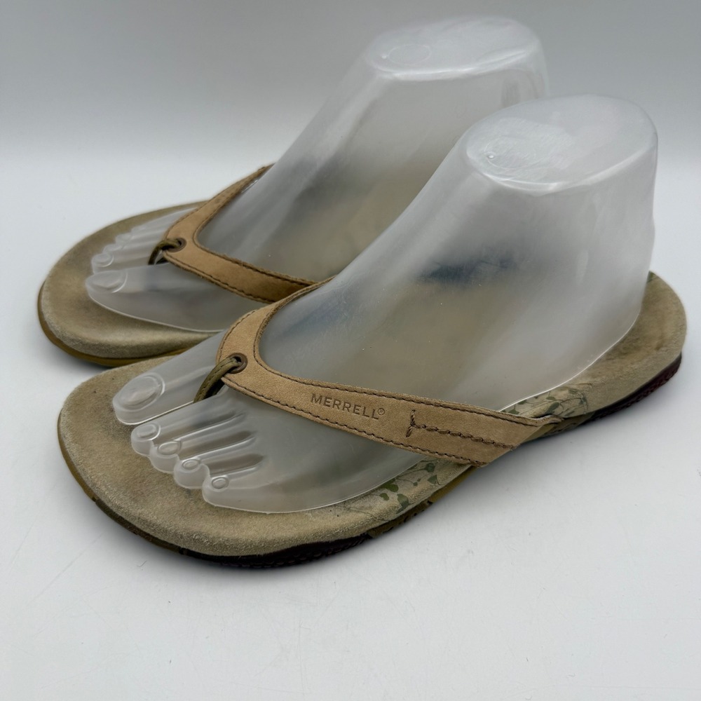 Merrell Terracina Sandals Womens 8 Tan Green Leather Leaf Print Flip Flops